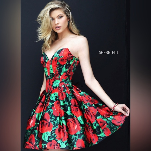SHERRI HILL Red Floral Dress Mini Strapless Prom Pageant Size 0 Roses Full XS - Picture 3 of 12